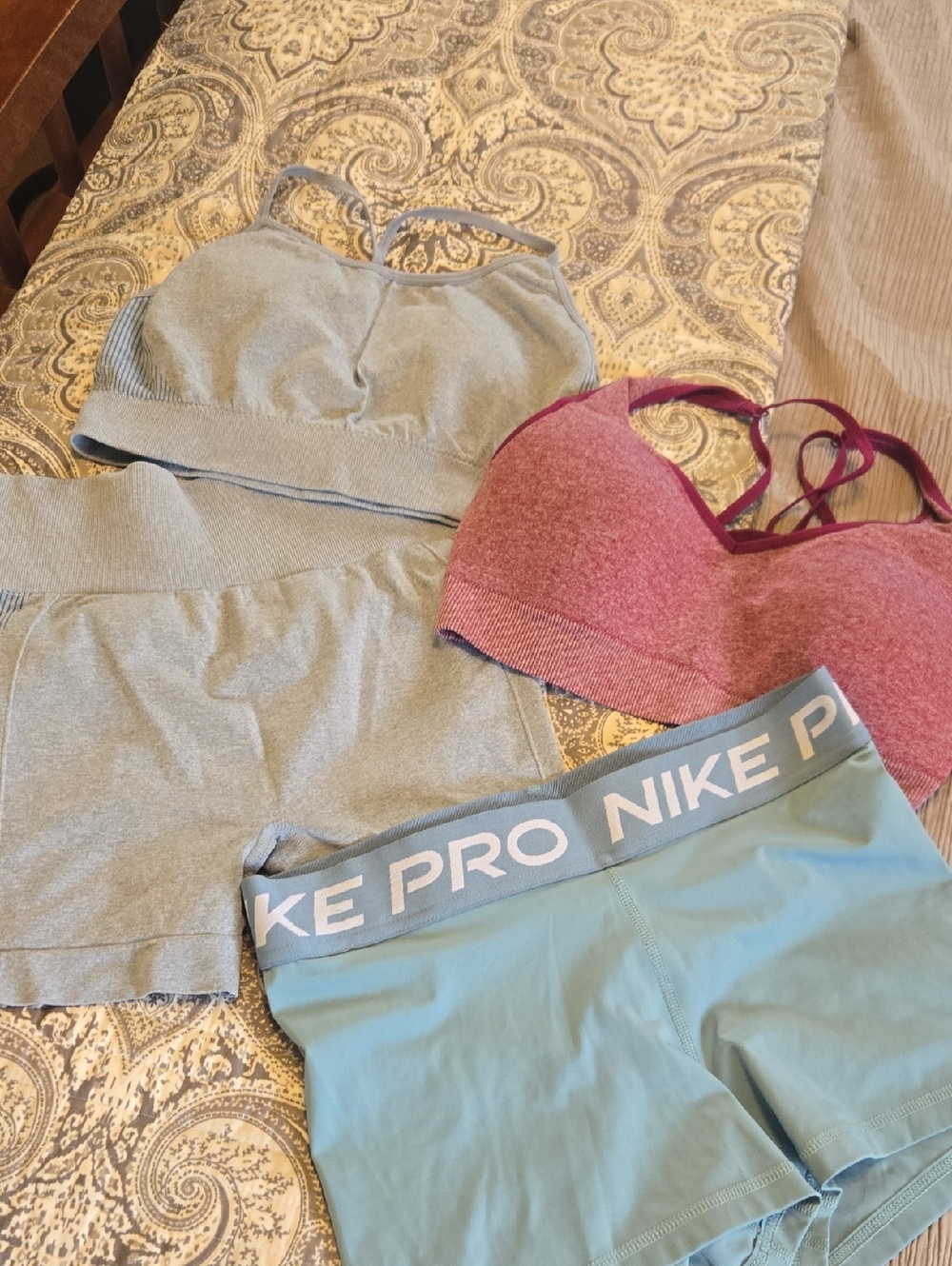 Nike Light Blue Pro Shorts with Grey and Maroon Sports Bras 4 Piece Set